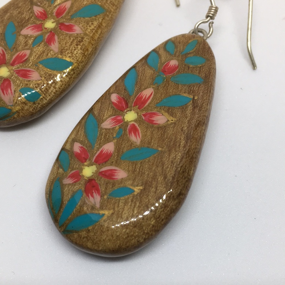 Hand Painted Walnut Wood Sterling Silver Teardrop Earrings Turquoise Pink Floral - Picture 3 of 8
